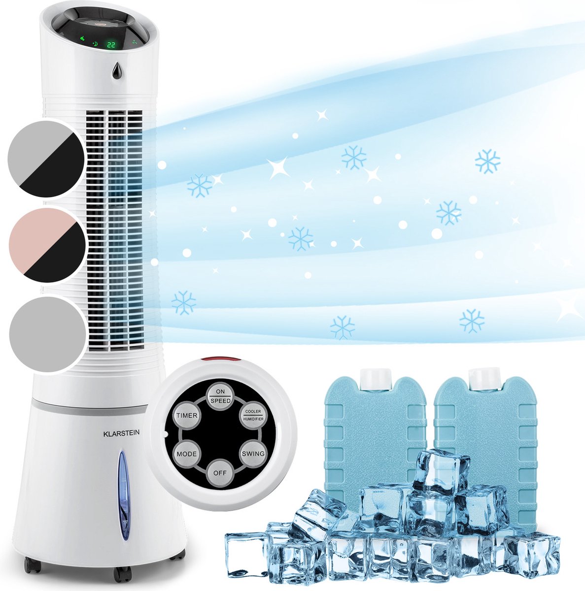 Klarstein luchtkoeler met waterkoeling, 5-in-1 verdampingskoeler, luchtbevochtiger, ventilator, luchtreiniger & nachtmodus, mobiele airconditioner luchtkoeler 6L, 45 Watt Air Cooler, 180 m³/h luchtstroom (4260414890482)