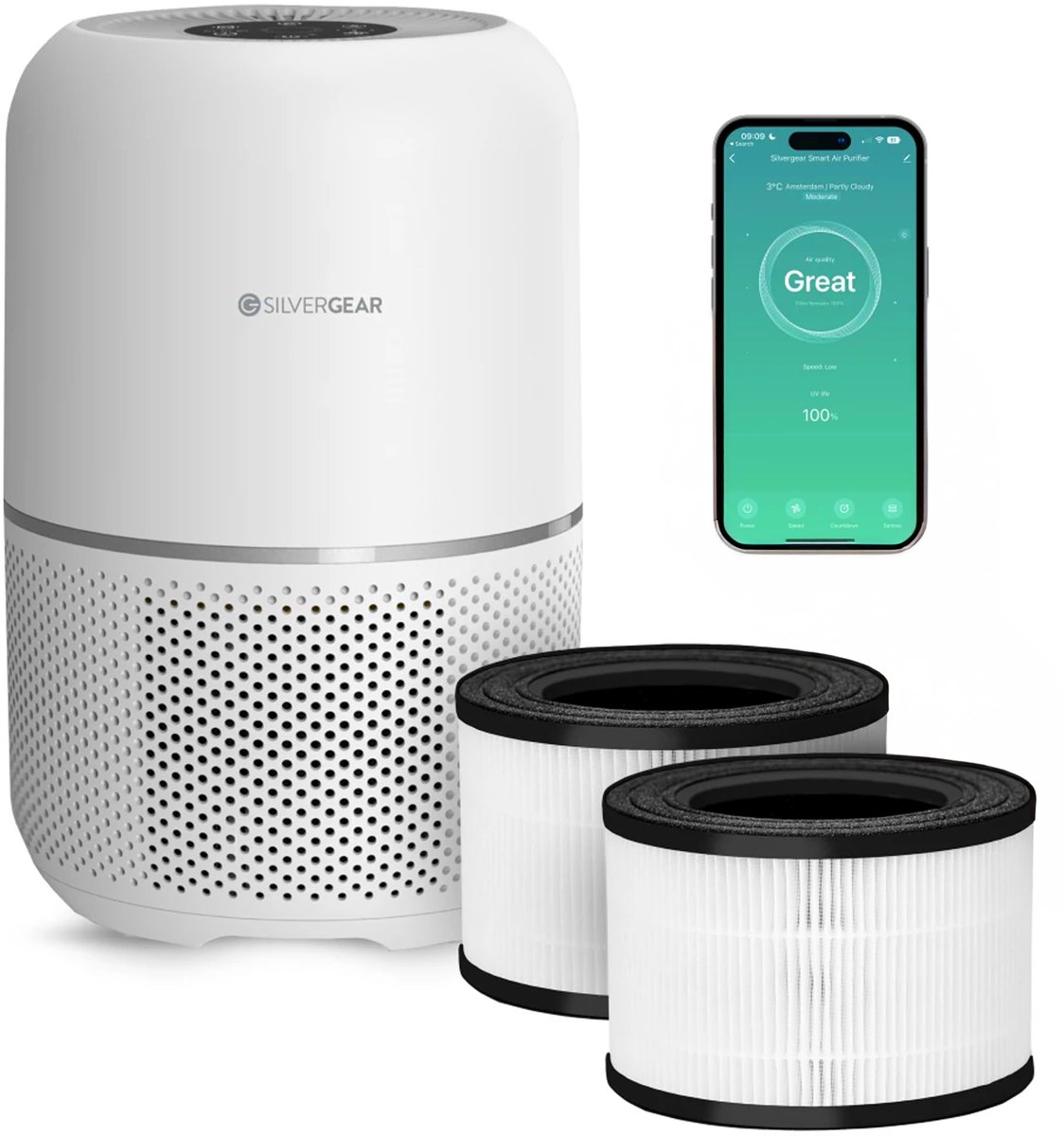 Luchtreiniger Pro met App Combideal 2x Vervangbare HEPA 13 Filter en UV-Lamp - Air Purifier - 165m3/u - Air Cleaner - 4 Standen - Koolstoffilter - Tegen Hooikoorts, Huisstofmijt, Allergie, Stof, Geur, Rook - Wit - Silvergear (8711568094067)