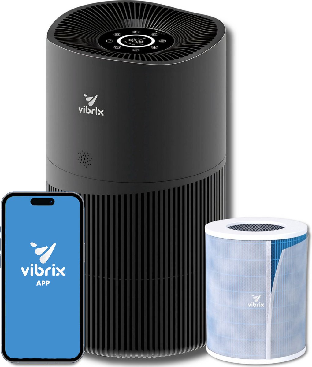 Vibrix PureFlow70 Pro Luchtreiniger / Air Purifier - HEPA H14 + koolstoffilter - 468 m³/u - Voor kamers tot 70 m² - Ionisator - App-bediening - Zeer stil met slaapstand - Luchtkwaliteitindicator (8721082170031)