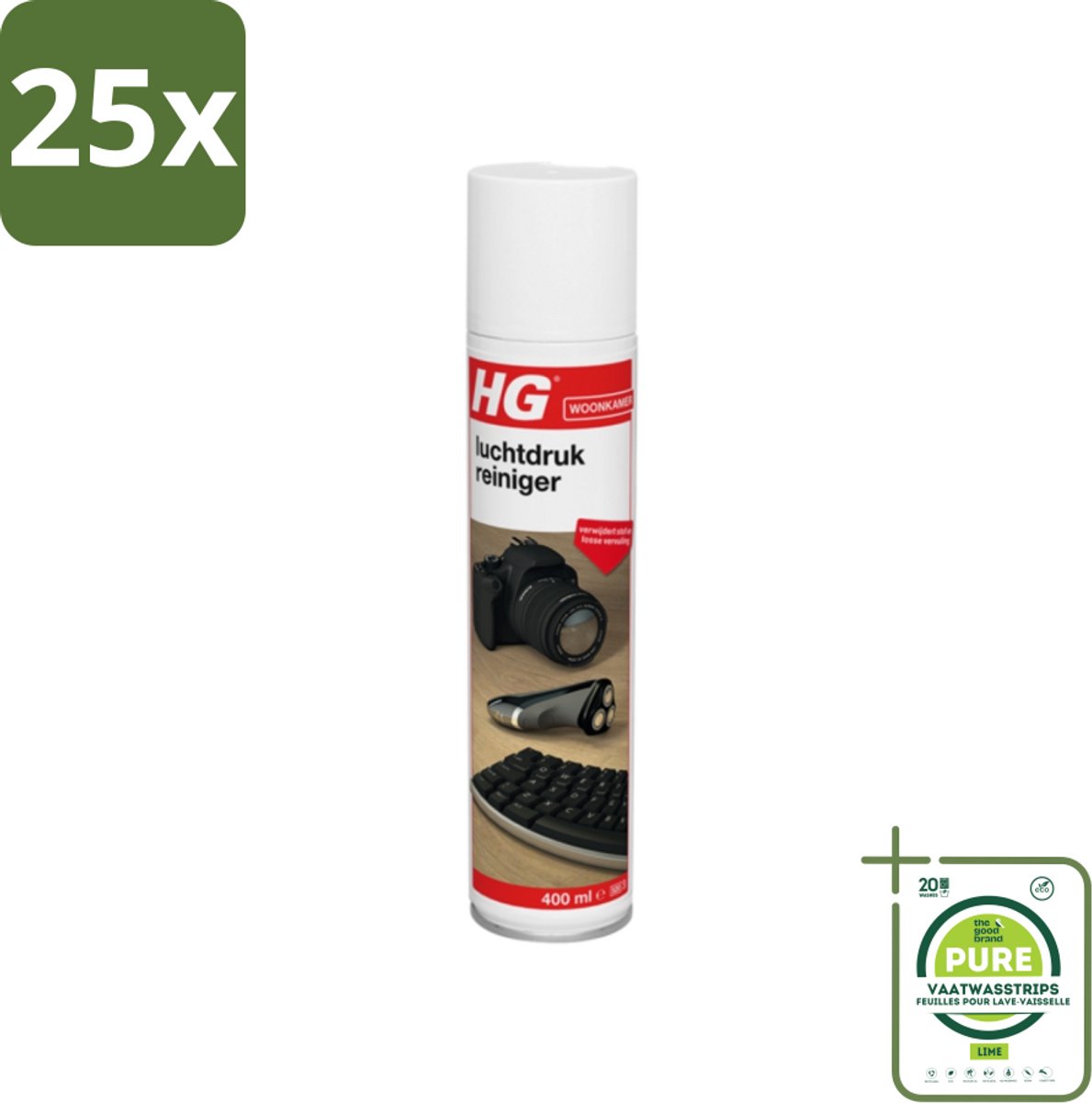 25 x HG - Woonkamer - Luchtdrukreiniger - Verwijdert Stof & losse Vervuiling - 400 ml - Grootverpakking - Luchtreiniger - Stofzuiger - Elektronica Reiniging - Stof Verwijderen - Vuil Verwijderen (8359514039658)