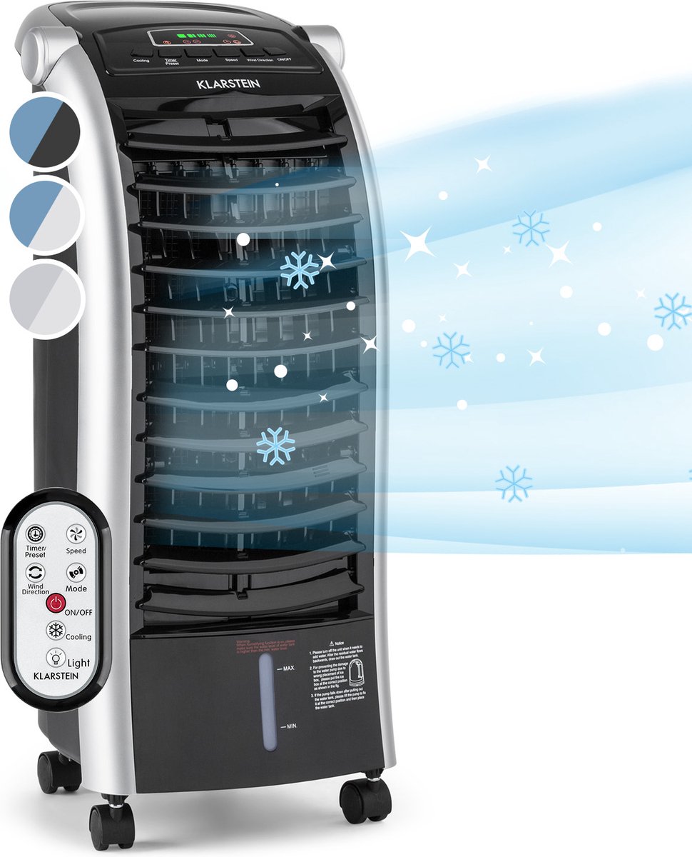 Klarstein draagbare luchtkoeler met 3 standen (normaal, nacht, natuur), tank van 6 liter, timer, LED-display, afstandsbediening - Combineert luchtreiniger, ventilator en airconditioner Zwart (4260435915270)