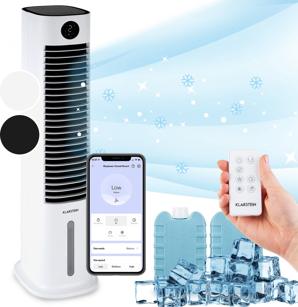 Klarstein luchtkoeler met waterkoeling, 5-in-1 verdampingskoeler, luchtbevochtiger, ventilator & luchtreiniger, mobiele airconditioner luchtkoeler met app controle, 80W luchtkoeler, 462m³/h luchtstroom (4060656449765)