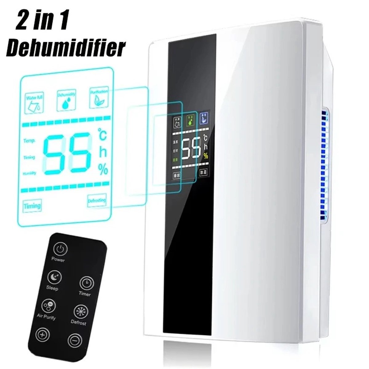 VIEMAE Luchtontvochtiger - Vochtvreter - Luchtreiniger - Air purifier - 2-in-1 - Luchtontvochtiger en luchtreiniger - Met afstandsbediening - 90W - Tot 2200 ml/24 uur (8721551491780)