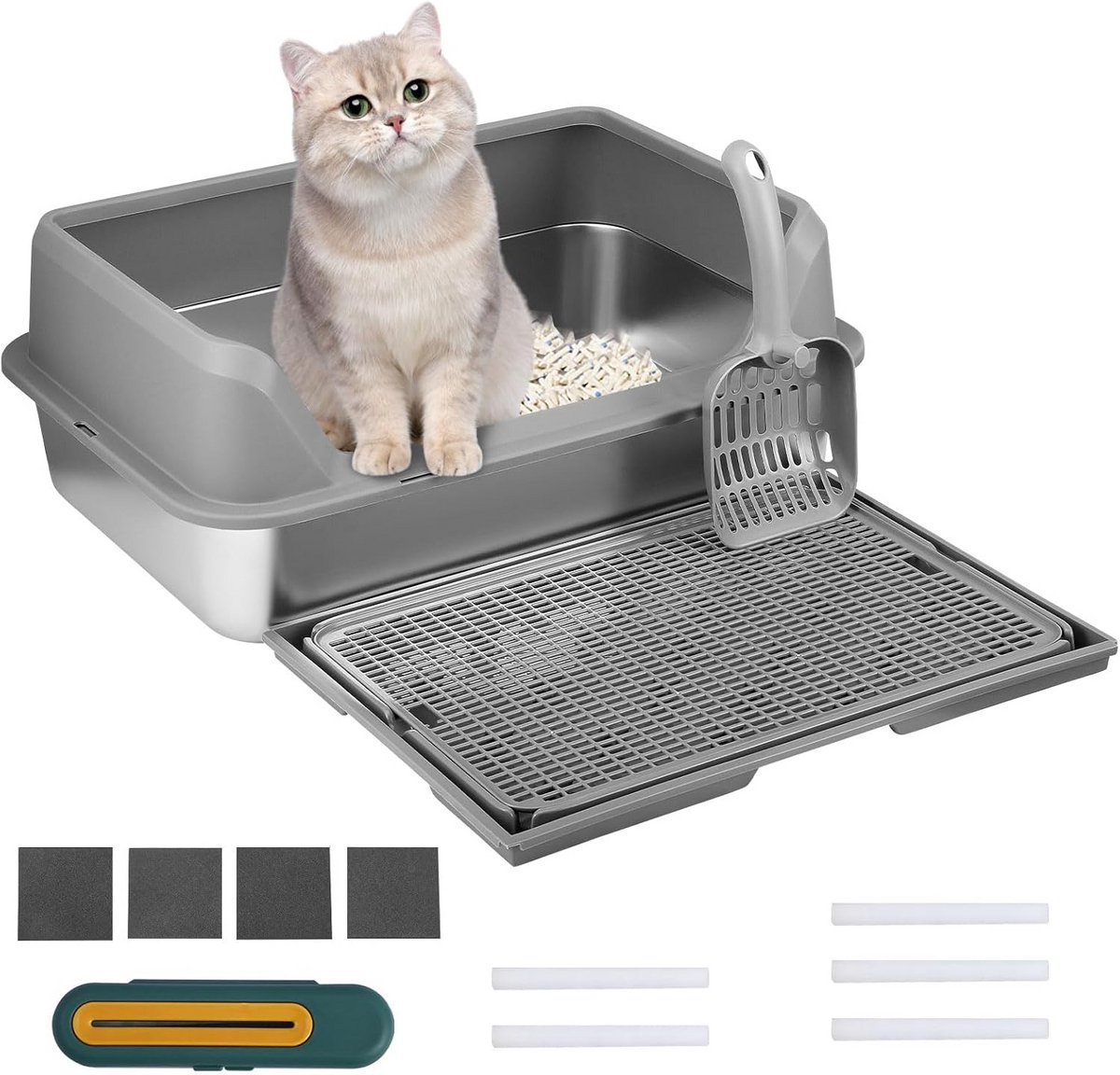 Rvs Kattenbak - Half Gesloten Toilet voor Katten met Extra Zandopvangmat en Luchtreiniger (9101093328376)